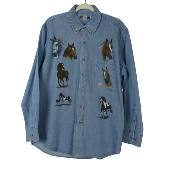 Jerzees Tops - Jerzees Horse Denim Shirt Button Down Women's Cotton  Size L Equestrian